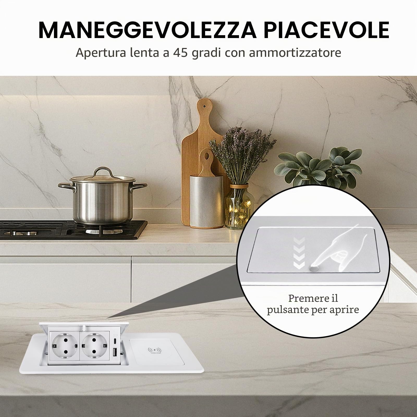 Presa a scomparsa PD20 W, USB C e 15 W, ricarica wireless, 2 prese, per scrivania, piano di lavoro della cucina, bianco