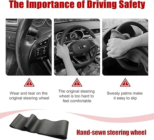 Miniatura 6 de Funda de cuero para volante, protector transpirable antideslizante para volante de automóvil de diámetro máximo de 15 pulgadas, costura DIY con hilo
