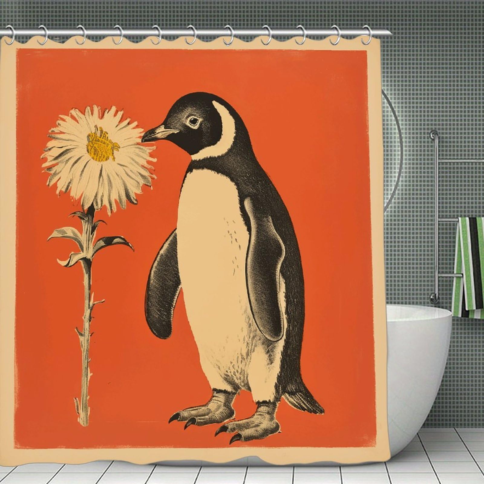 VstaDank A Flower and Penguin Shower Curtain 71x71 Heavy Duty Polyester Cloth Bath Curtain with Hooks Thick Waterproof Shower Liner Fun Magic Decorative Bathroom Curtains for Bathtub