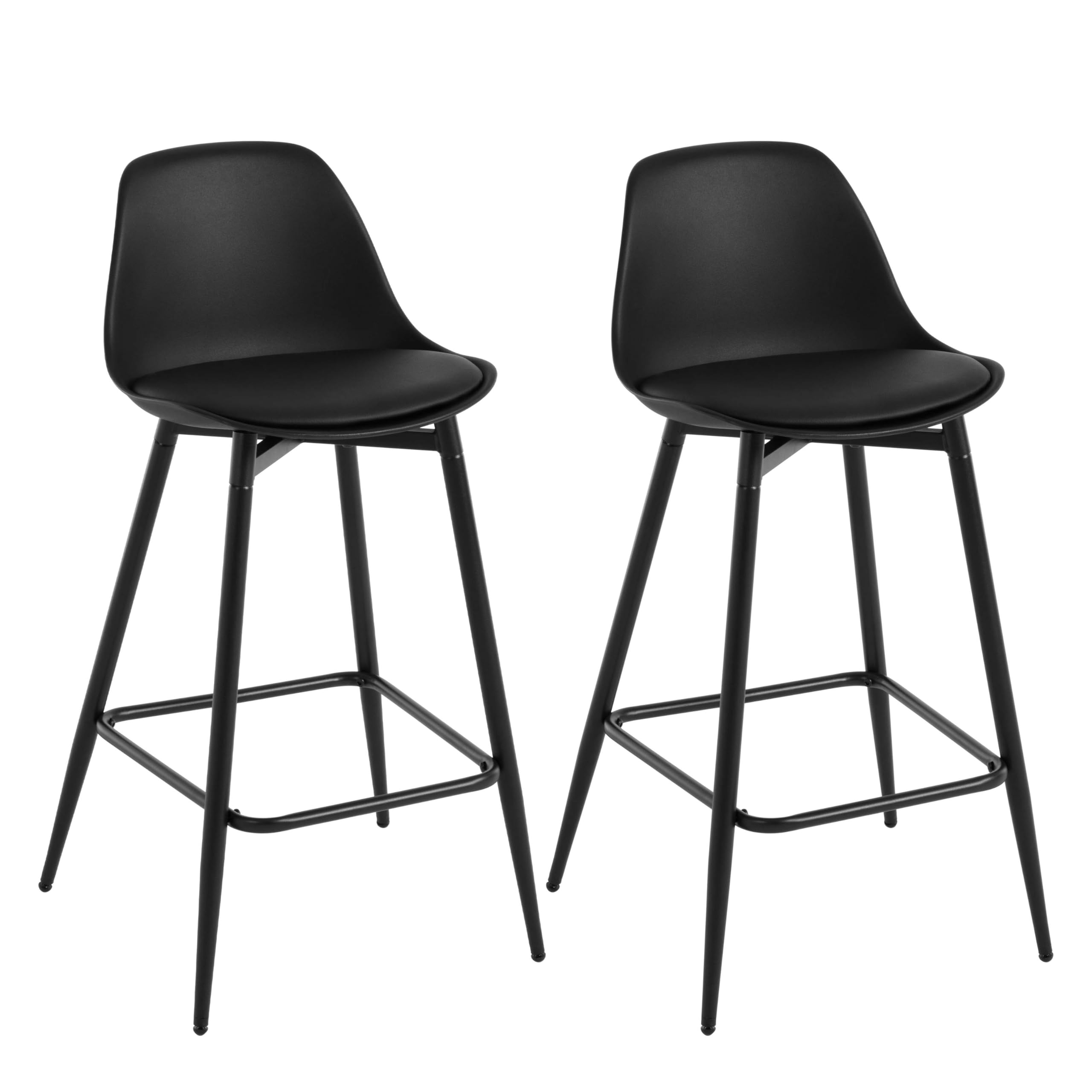 Set of 2 Bar Stools, Kitchen High Stool with Backrest and Footrest, PP Seat and Metal Frame, Black
