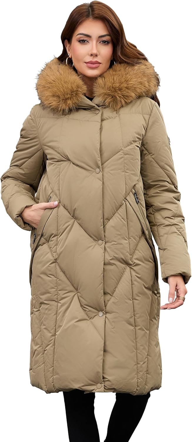PAPILLON D'OR WEAR YOUR WINGS Women's Long Puffer Coat - Detachable Faux Fur Collar Diamond Quilted Winter Jacket