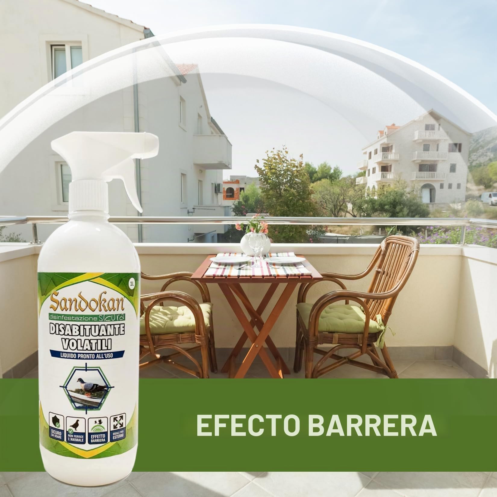 Sandokan Ahuyentador de Palomas Spray 1 Litro, Repelente Natural de Aves Listo para Usar, Disuasorio Líquido para Balcones y Ventanas Sin Gas, Fabricado en Italia