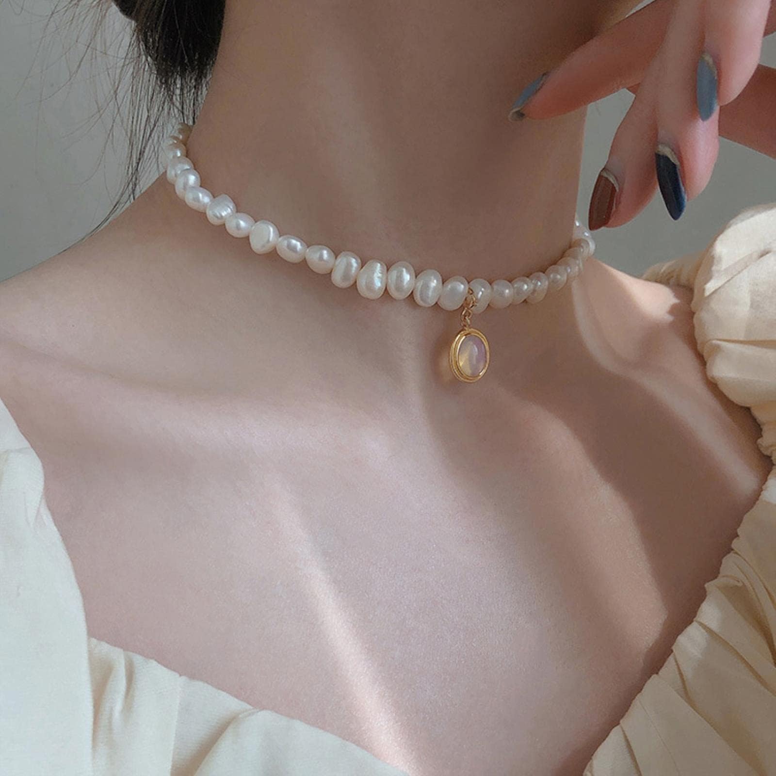 Nueva Barroca collar con colgante de piedra lunar de perlas naturales de agua dulce, geométrico Irregular para mujeres y niñas, joyería de fiesta-12