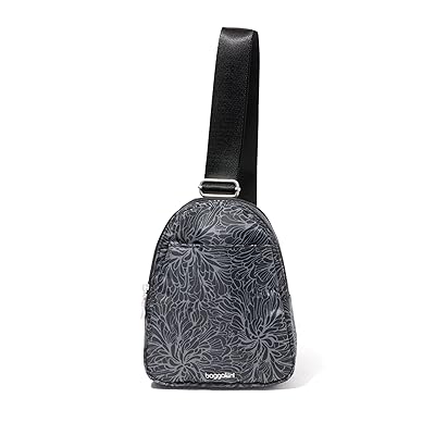 Baggallini Double Zip Mini Sling Handbags Midnight Blossom, Nylon/Polyester