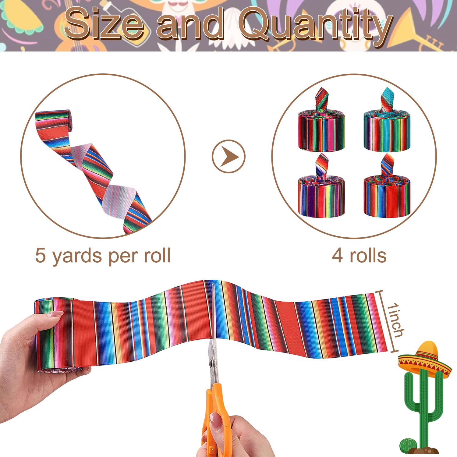 MLURCU Mexican Serape Ribbon Fiesta Ribbon 4 Rolls Rainbow Striped Ribbon Mexicano para Fiesta Colorful Grosgrain Ribbon for Gift Wrapping Mexican Party Decorations Mexican Costume Sewing Supplies