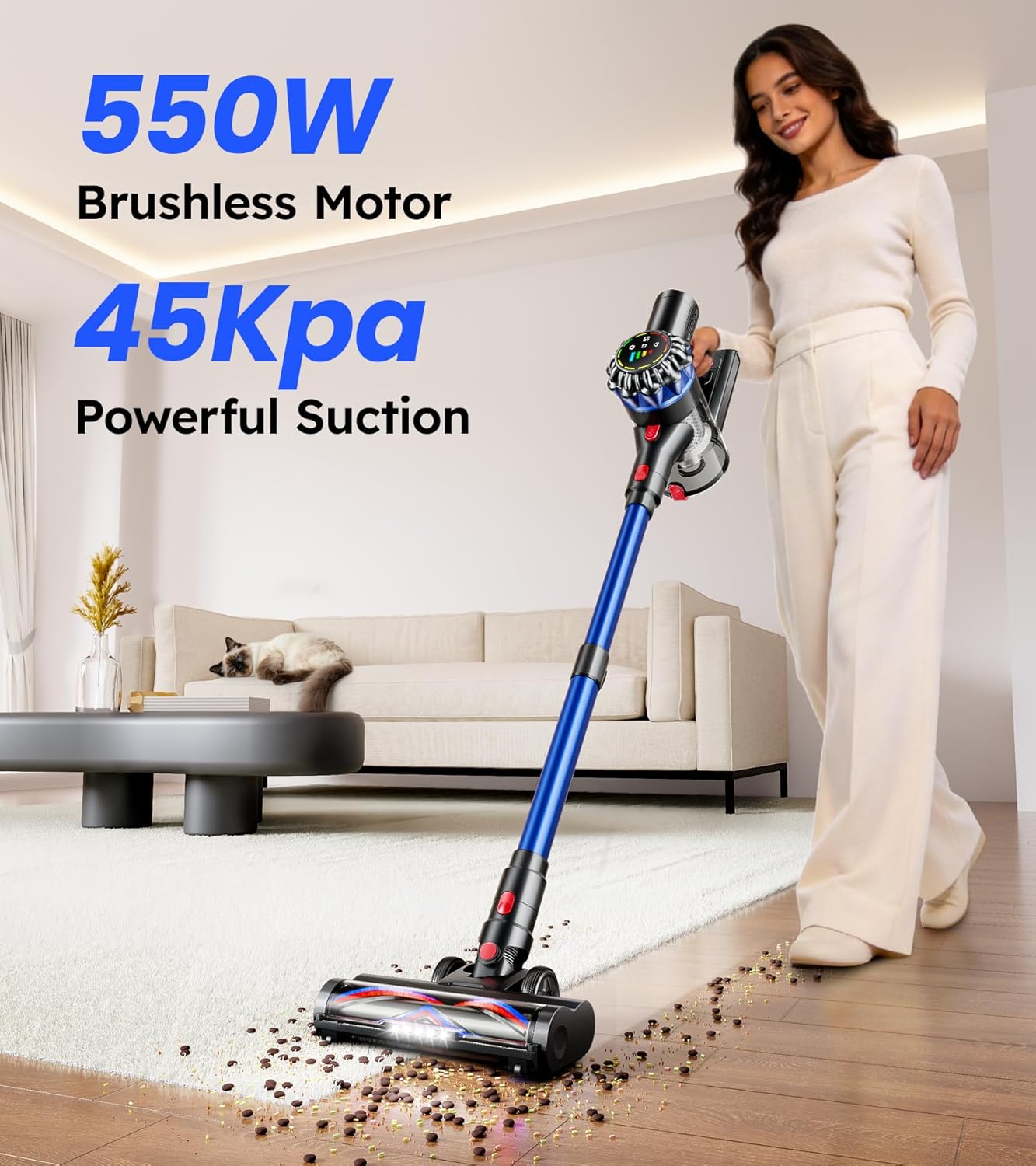 Cordless Vacuum Cleaner, 550W 45Kpa 65Mins Stick Vacuum with Self-Standing, Touch Screen, Anti-Tangle Rechargeable Wireless Vacumm, Vacuum Cleaners for Home/Pet Hair/Carpets/Hardwood Floor