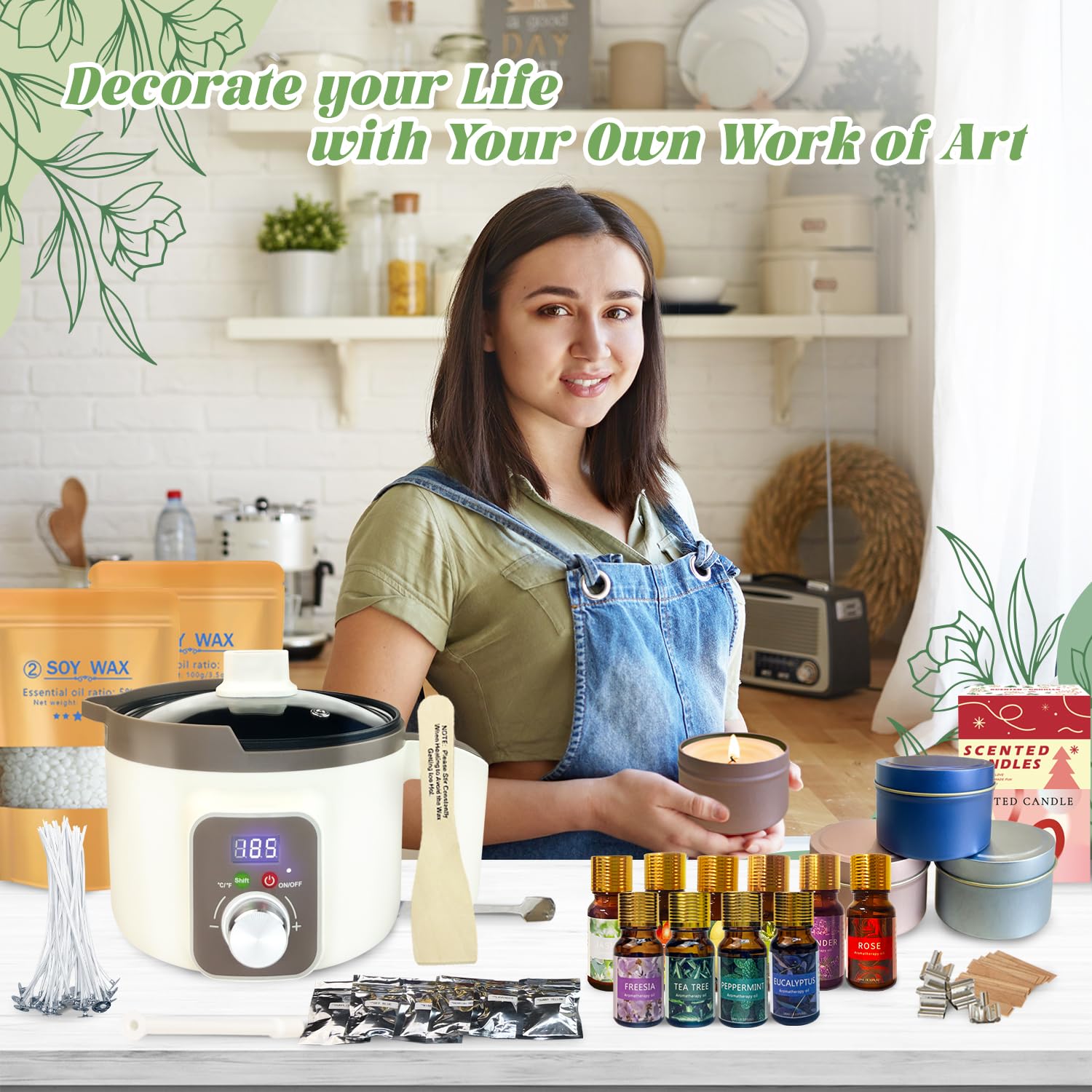 LINGQIAN Kit para hacer velas (hazlo tú mismo), cera de soja, crisol eléctrico con pico, 12 latas para velas, 12 aceites aromáticos