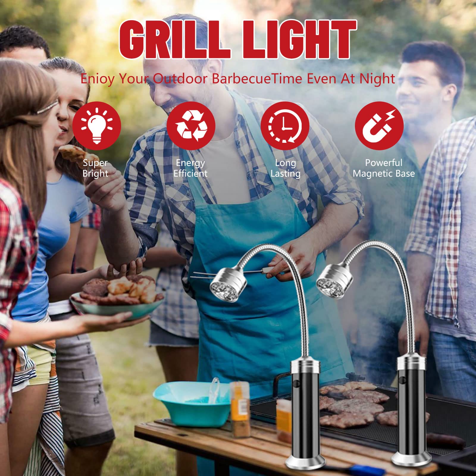 Lampada Barbecue,2 Pezzi 360° a Collo di Cigno Flessibile LED Grill Super Bright Barbecue Grill Luce con Base Magnetica,Regolabile Accessori Barbecue da Esterno per Lettura Lavoro Riparazione Camping