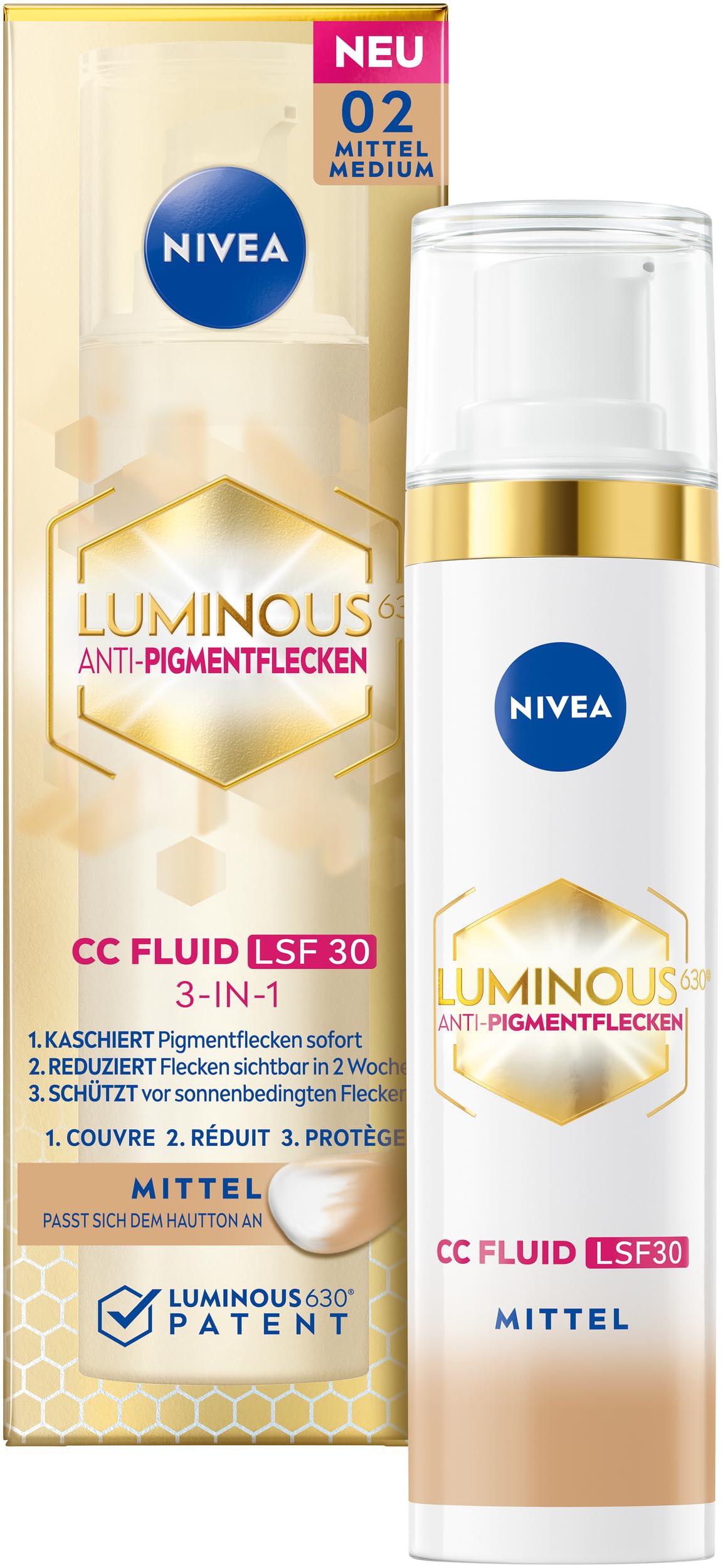 NIVEA Luminous 630 CC Fluid - Crema antimanchas pigmentada FPS 30 para tonos de piel medios, CC Cream con ácido hialurónico y pigmentos de color microencapsulados, crema de día con SPF 30 para una tez