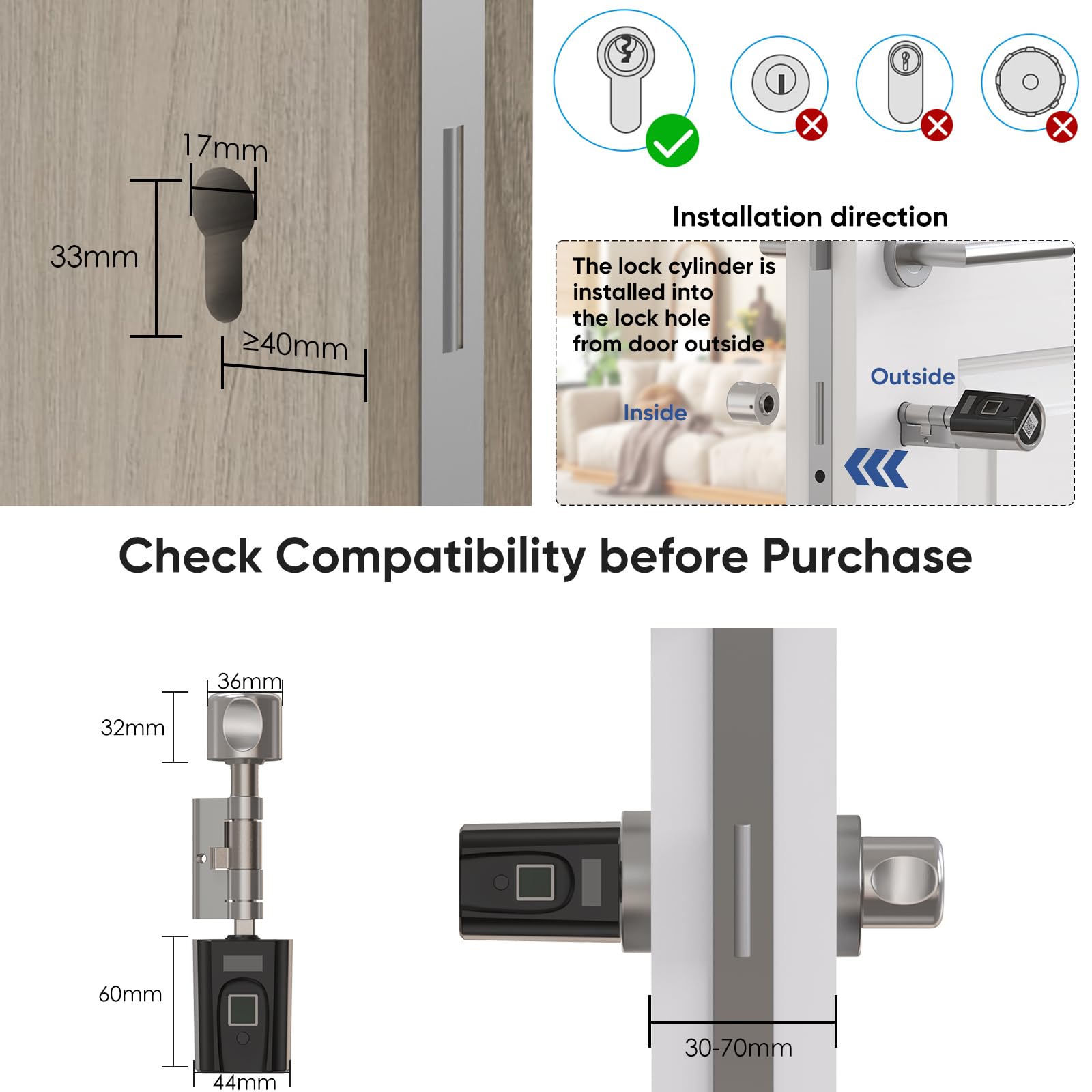 RUILON SECBN51 Serrure Empreinte Digitale avec 3 Cartes RFID 1 WIFIBOX | 30x30 Serrure connectée biometrique, IP65, Commande à distance, Intelligente, Portes 30-70 mm, Chambre Maison Bureau