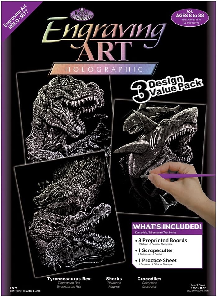 Royal Brush 422084 Foil Engraving Art Kit Value Pack 8.75 in. x 11.5 in. -Holographic-T. Rex-Sharks-Crocodiles