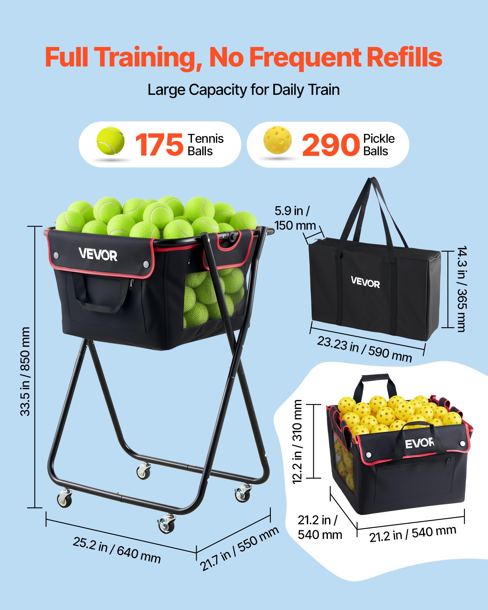 VEVOR Panier à Balles de Tennis avec roulettes, Capacité de 175 Balles de Tennis ou 290 Pickleballs, Chariot Pliable Ramasse-Balles en Acier, Panier Portable pour Entraînement, avec Sac de Rangement