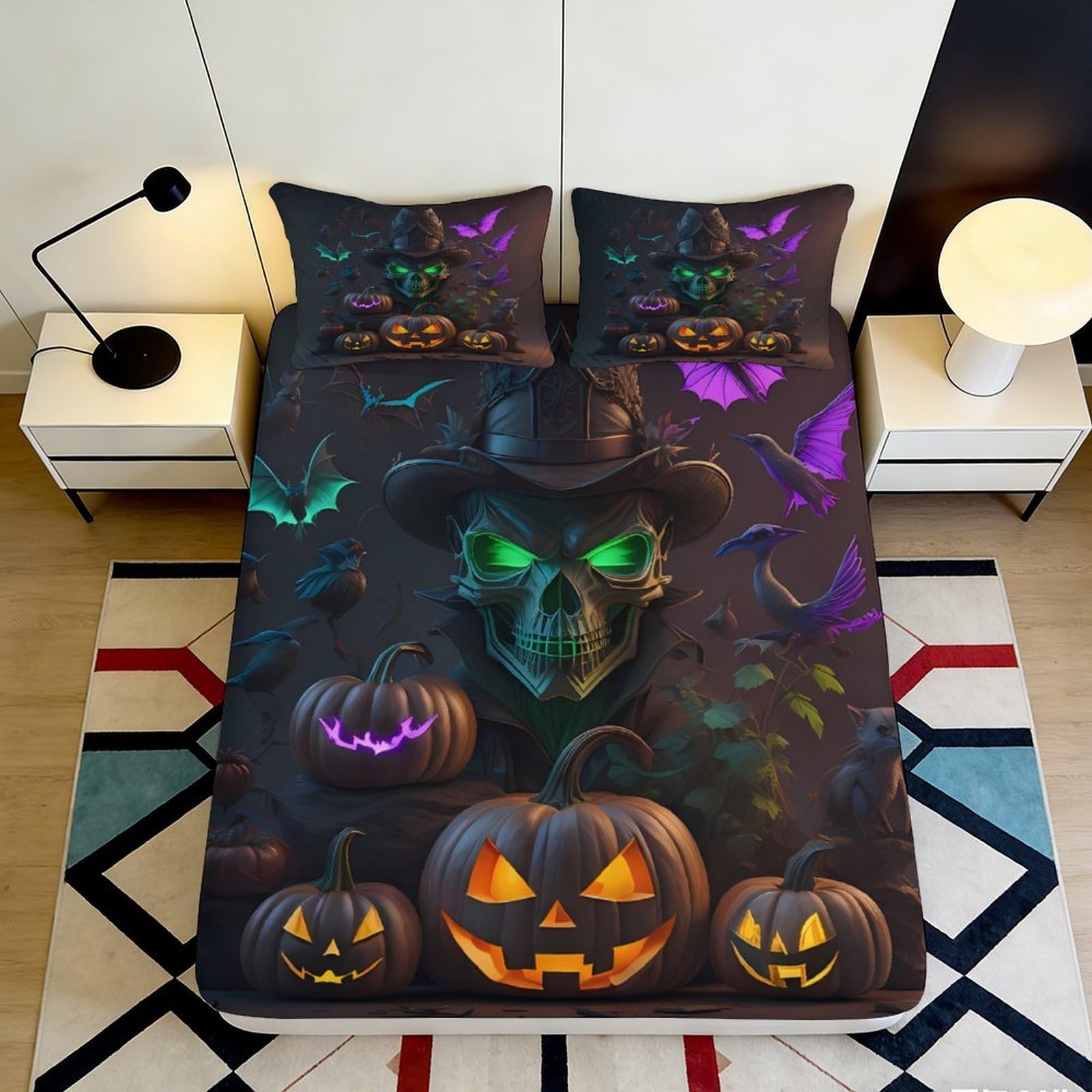 3D Printed Halloween Skull Fitted Sheet Microfiber Decorative Pumpkin Bat Mattress Cover for Bedroom Guest Room 90x200x25cm