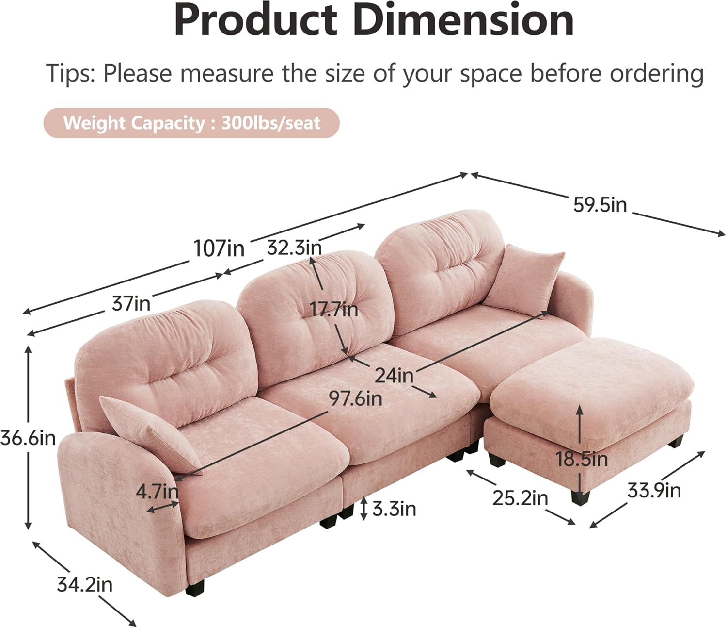 Modular Sectional Sofa with Ottoman, L-Shaped Cloud Couch Sectional with Comfort Chaise, Double Cushions, Soft Chenille Fabric, Oversized Deep Seat Sofa for Living Room
