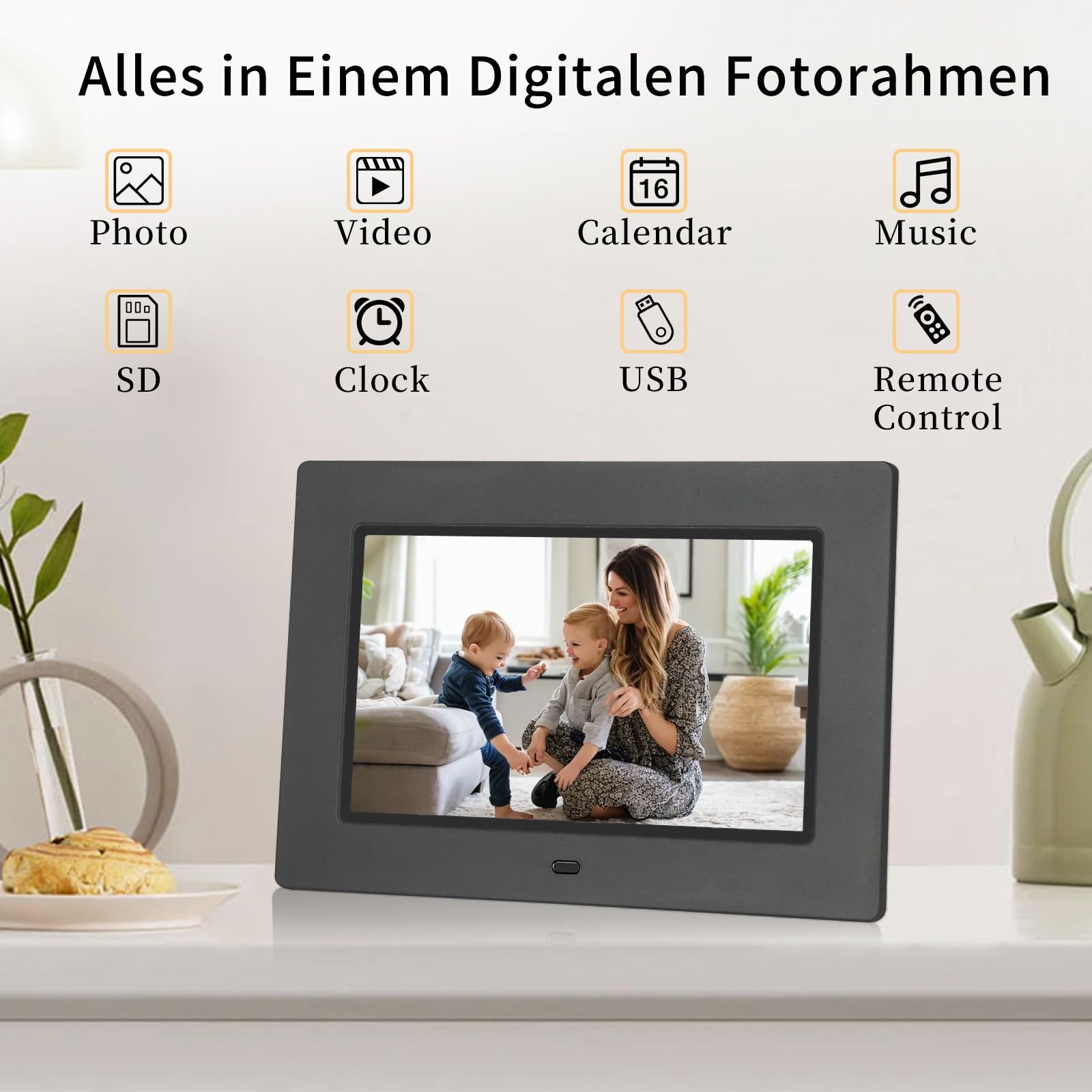 TSITSC Cadre photo électronique de 7 pouces, écran IPS 1024 x 600, calendrier, fonction horloge, musique, photo/lecteur vidéo avec télécommande, prend en charge les cartes USB/SD