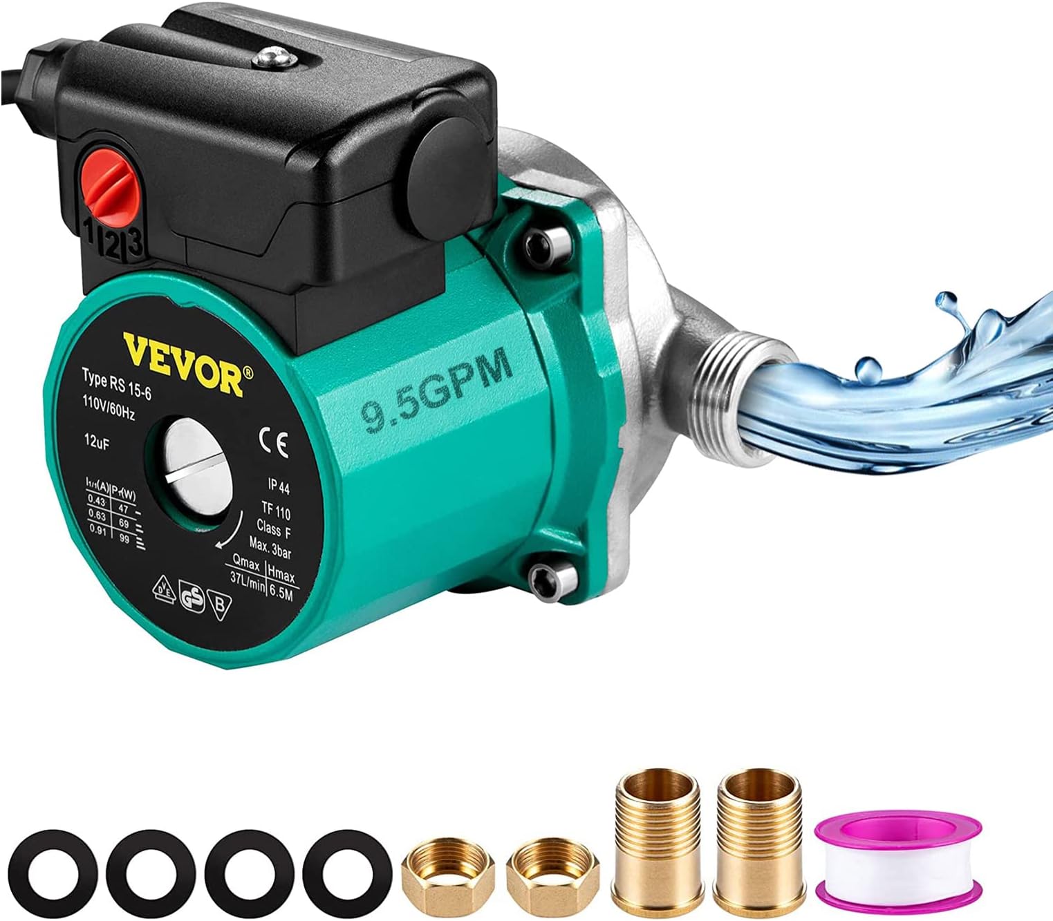 VEVOR Hot Water Recirculating Pump, 93W, 110V Water Circulator Pump, Circulation Pump, 3/4″ G Thread to 1/2″ NPT Brass Adapter, Stainless Steel Head, 3 Speed Control for Electric Water Heater System