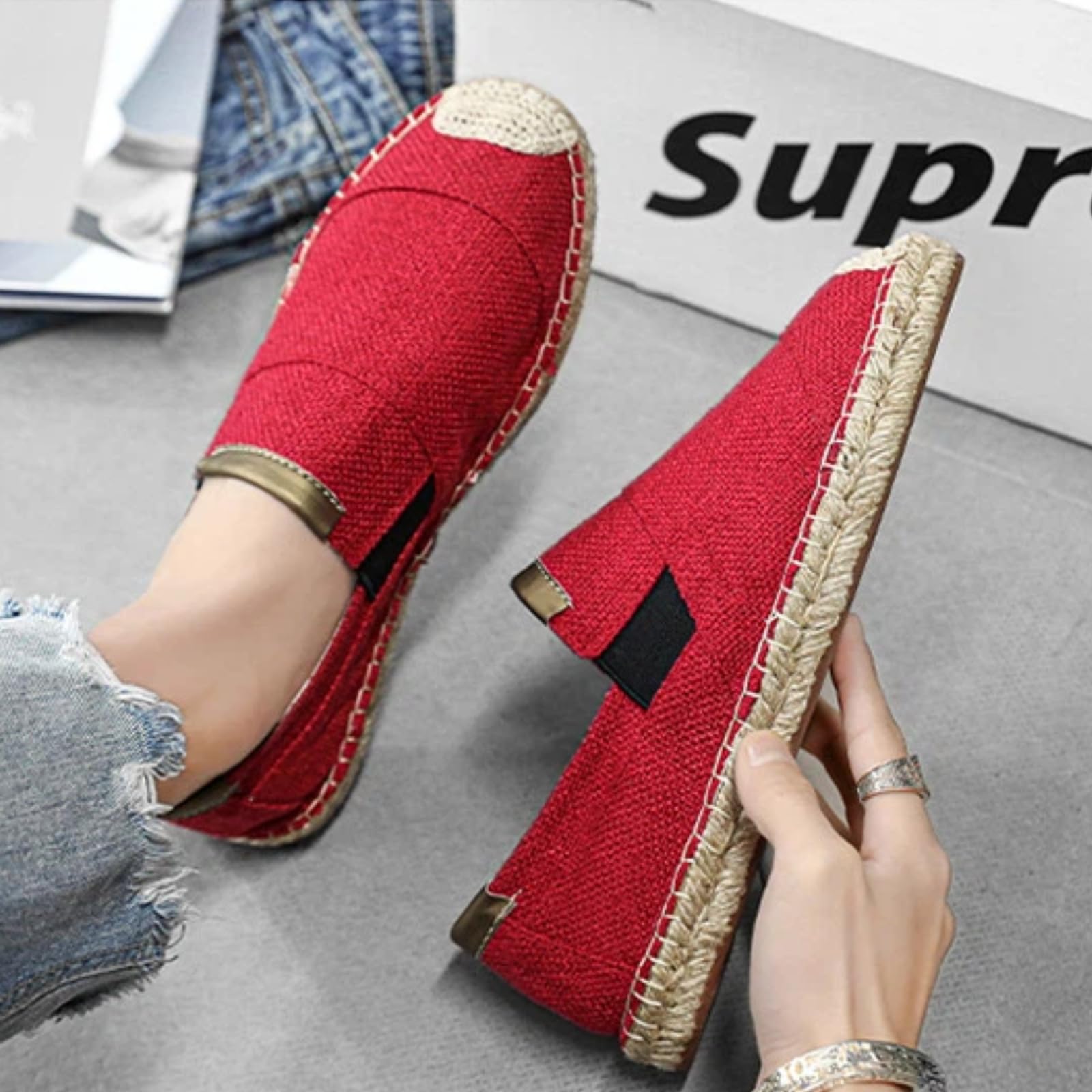 Scarpe Pescatore Uomo Estate Lino Senza Lacci Traspiranti(Rosso,41) | Tessuto leggero favorisce il flusso d’aria garantiscono libertà al piede. Ideale per casa e brevi uscite all’aperto.