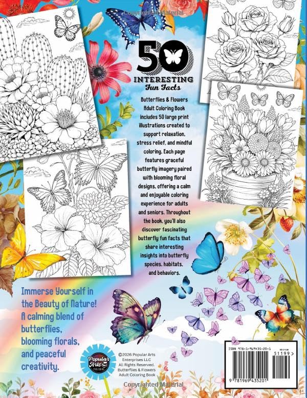 Butterflies & Flowers Adult Coloring Book: 50 Large Print Illustrations with Blooming Florals, Calming Nature Themes, and Fascinating Butterfly Fun ... Animals, Dogs, Cats, Butterflies and Birds!) image 3
