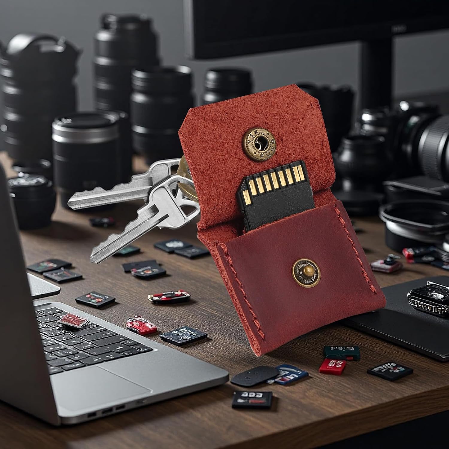 Jack&Chris Genuine Leather SD Card Holder Keychain, Anti-Shock Anti-Dust SD Card Case, Portable Camera Accessories for SD CF CFexpress Micro SD Nano SIM and Micro SIM Cards, Red 4 Packs