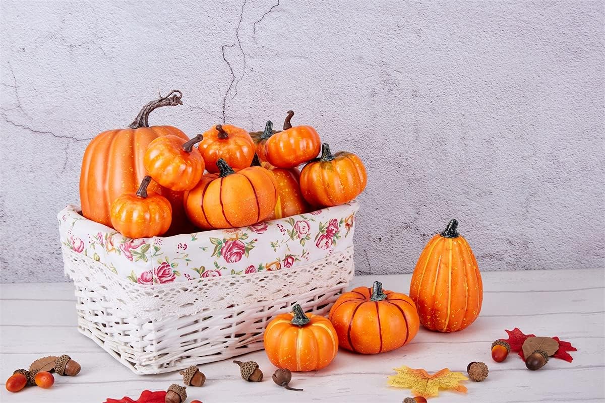 Artmag Package of 12 Pcs Assorted Sizes Artificial Fake Orange Pumpkins Large Faux Harvest Pumpkins for Fall Thanksgiving Halloween Seasonal Holiday Decor Decoration