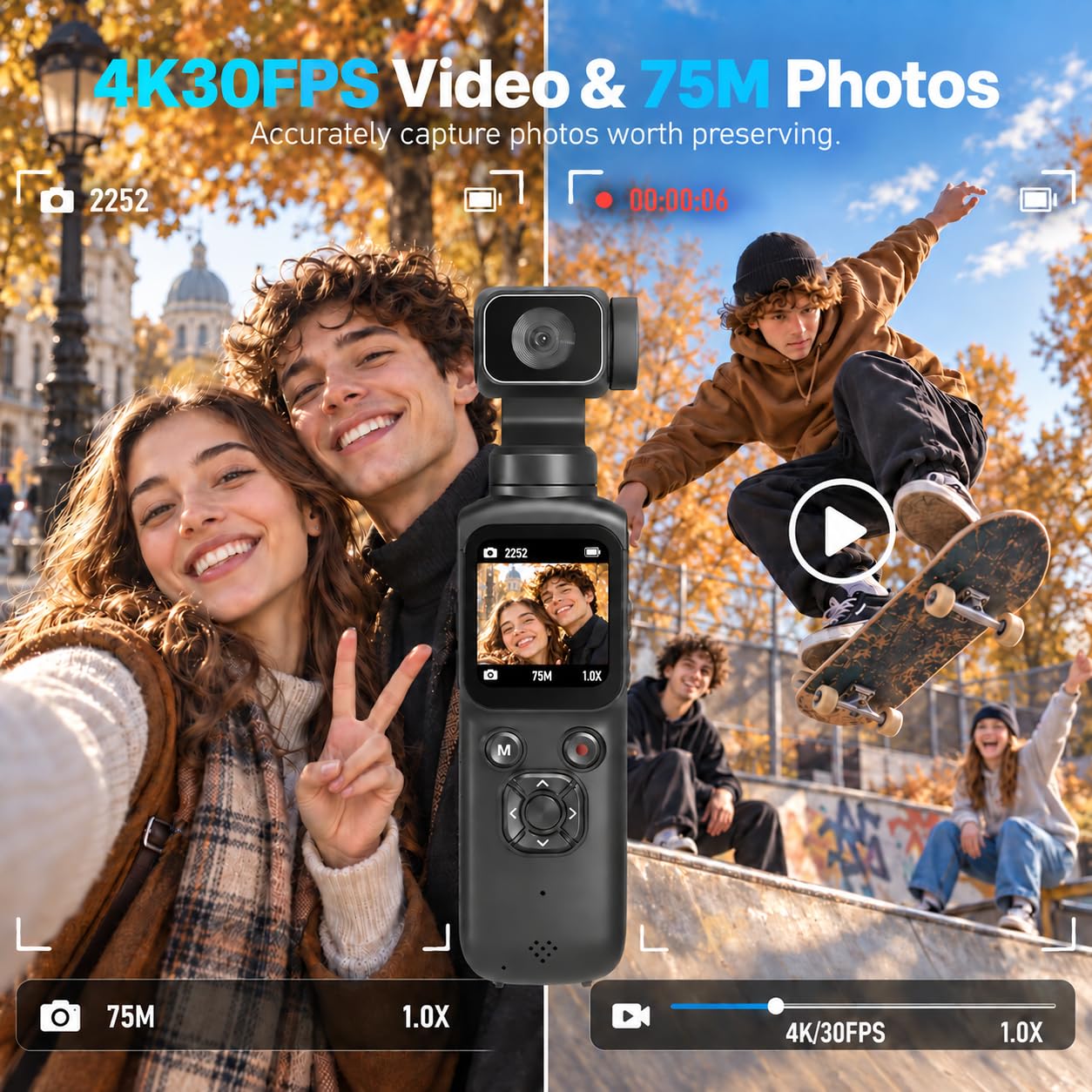 Cámara de vlogging 4K 30FPS, cámara de bolsillo de 75 MP para viajes y