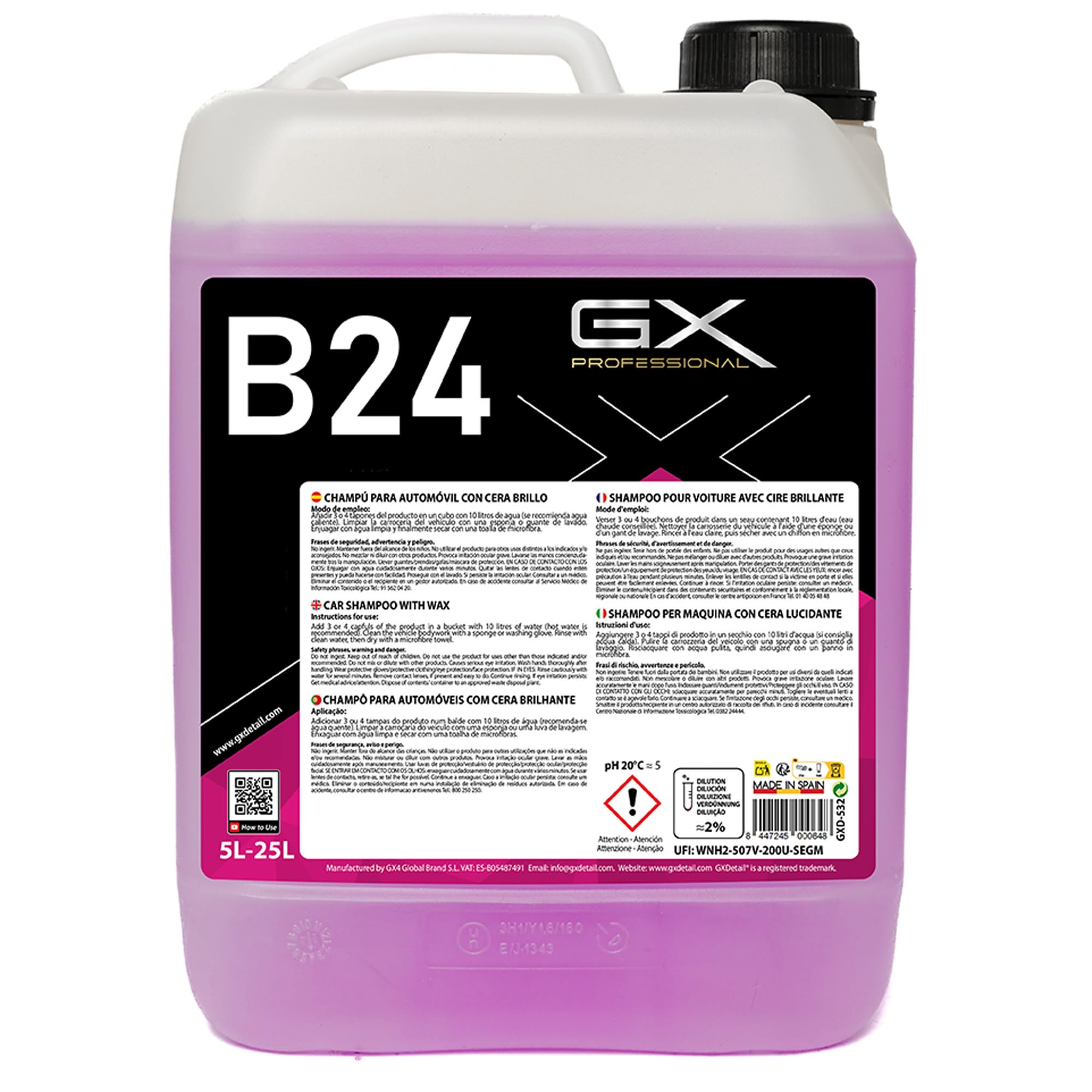 GxDetail Champú con Cera Concentrado 5 Litros para Coche – Limpieza Profunda y Brillo Protector – Fórmula de Alto Rendimiento – Función 2 en 1: Limpia y Abrillanta - Acabado Duradero