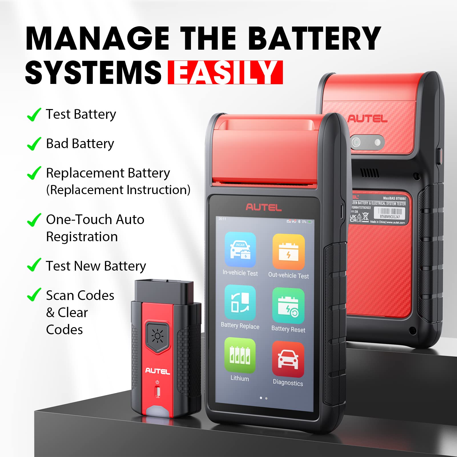 Autel Battery Tester MaxiBAS BT608(E):12V 100-3000 CCA Load Tester, Cranking & Charging Systems Analyzer, Adaptive Conductance, Full System Diagnostic ...