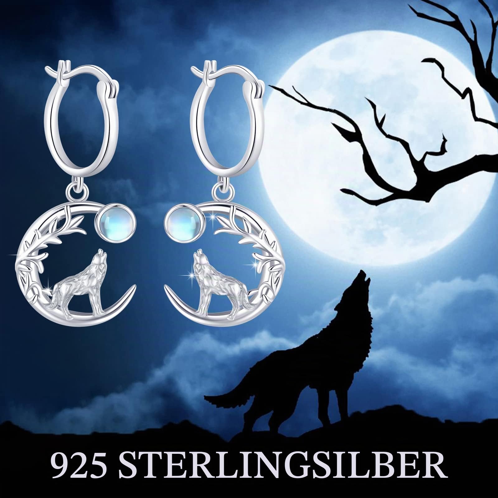 Wolf Ohrringe 925 Sterling Silber Mondstein Ohrstecker Tier Ohrringe Creolen Wolf Ohrstecker Hypoallergene Weihnachten Schmuck Geschenke für Damen