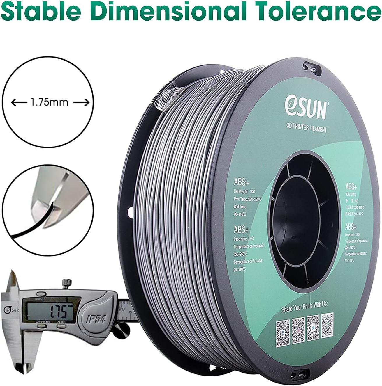 eSUN 1.75mm Gray ABS+ 3D Printer Filament 1kg Spool (2.2lbs), Gray