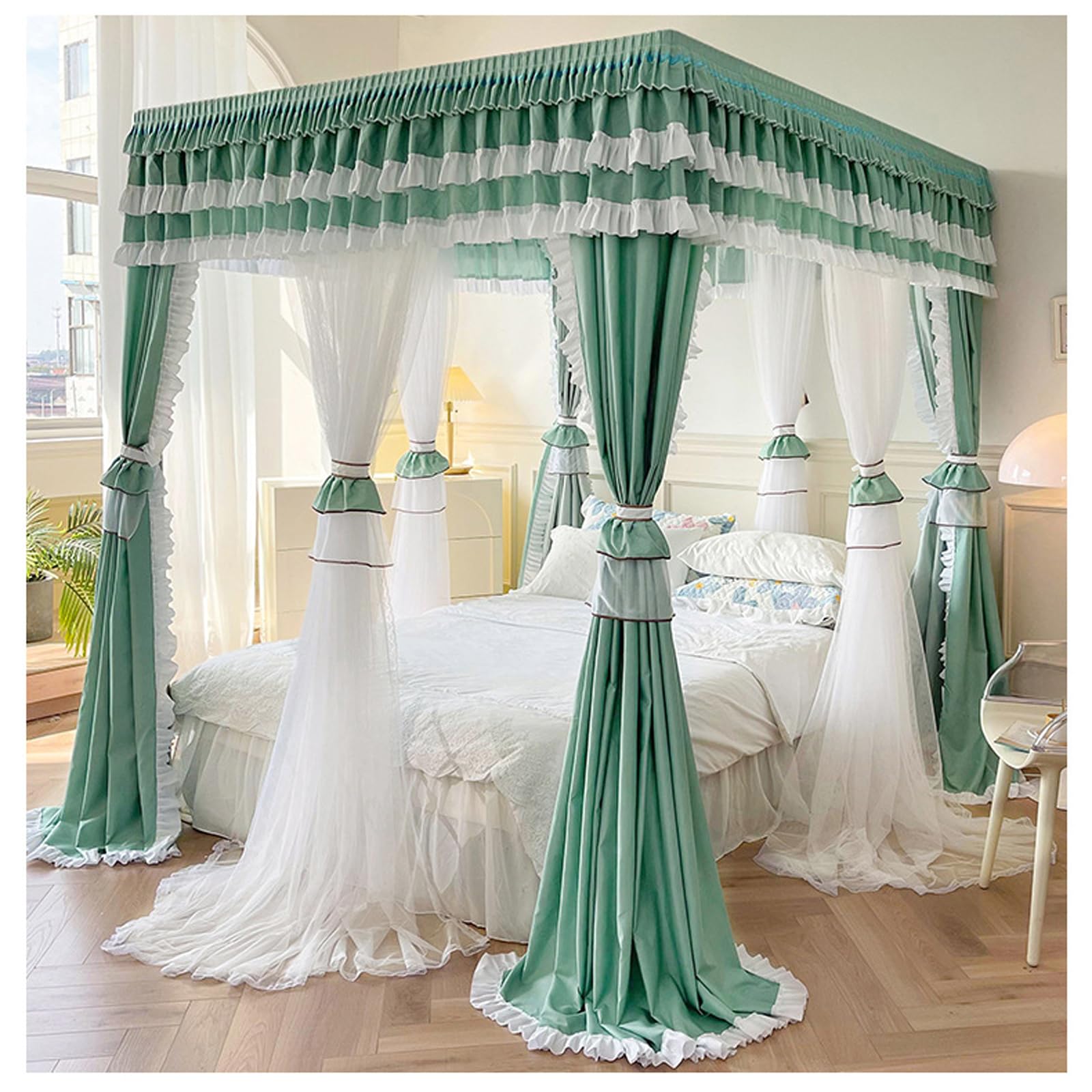 Four Poster Bed Canopy with 3 Doors, Soft Polyester Mosquito Net & Dust Cover for Double Beds, Easy Access Privacy Drapes for Bedroom Decor, Kids Girls Adults, Stylowy ekran z przekąską w pokoju