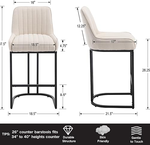 Miniatura 2 de Shunzhi Juego de 2 taburetes de bar de lino con respaldo, modernos taburetes de bar tapizados, sillas de bar de 26 pulgadas con patas de metal negro