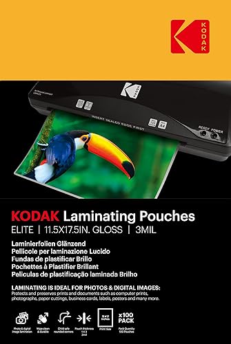 Kodak Paquete de 100 bolsas de laminación de 3 mil, hojas de laminación térmica caliente de 11.5 x 17.5 pulgadas, capacidad para documentos de 11 x