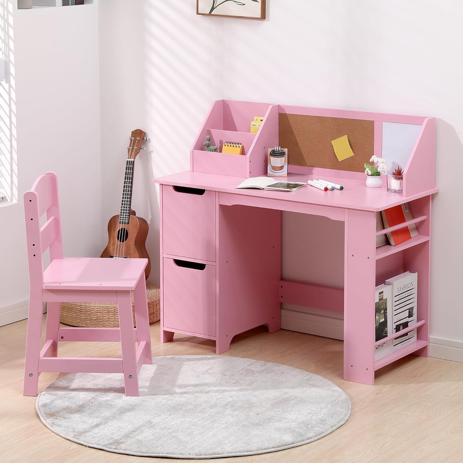 Studienschreibtisch und Stuhl für Kinder, Lerntisch aus Holz mit Aufbewahrung, Sichtfenster und Anzeigetafel, Computertisch mit Stuhl für Jungen und Mädchen im Alter von 3 bis 8 Jahren