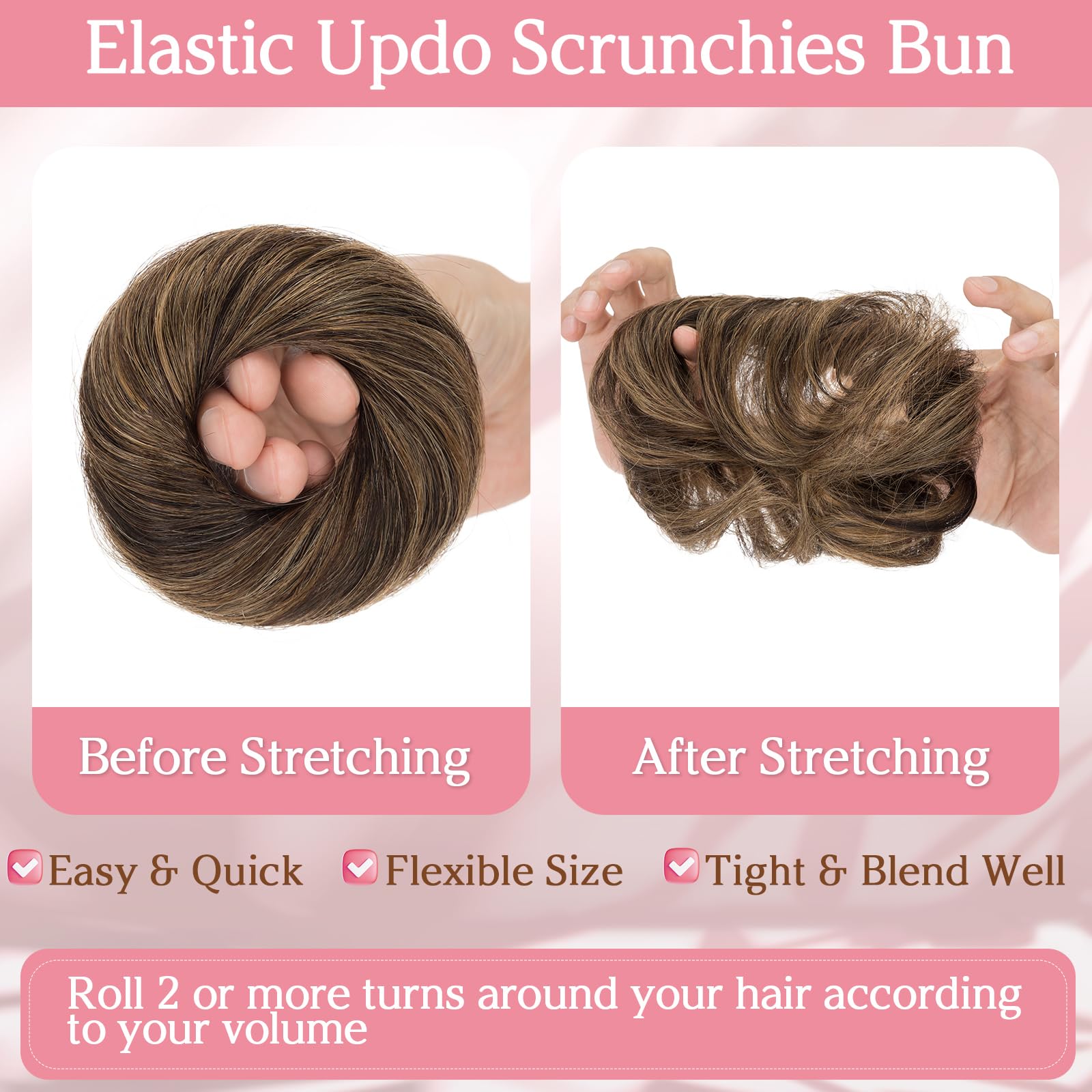 Benehair Real Hair Scrunchies for Women Straight Human Hair Bun #1B/6 Natural Black Mix Light Brown Elastic Donut Chignons Ponytail Extension Easy to Wear for Busy Daily 17g - Image 4