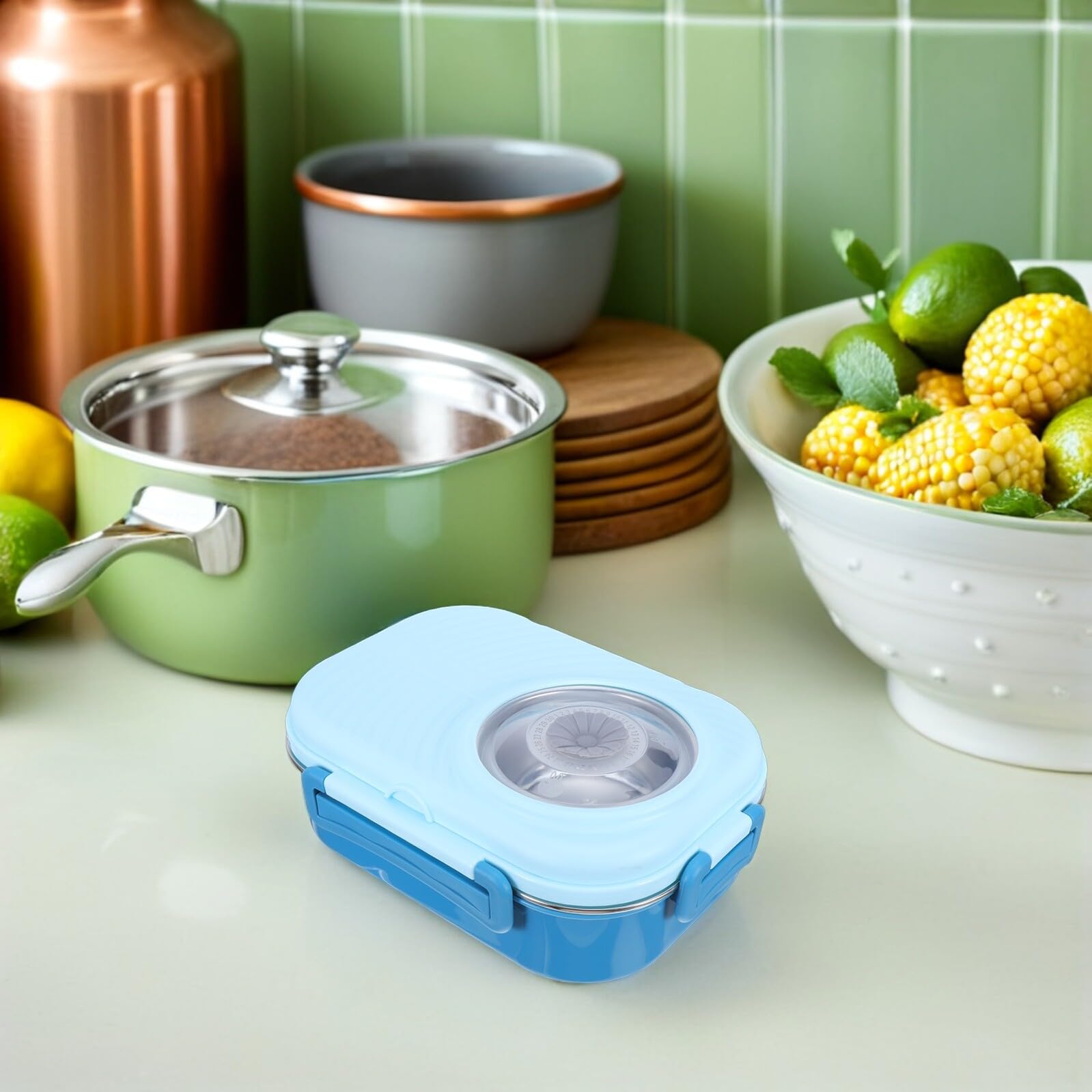 LIFKOME Boîte à Lunch Compartimentée en Acier Inoxydable 3 Cases Bleue