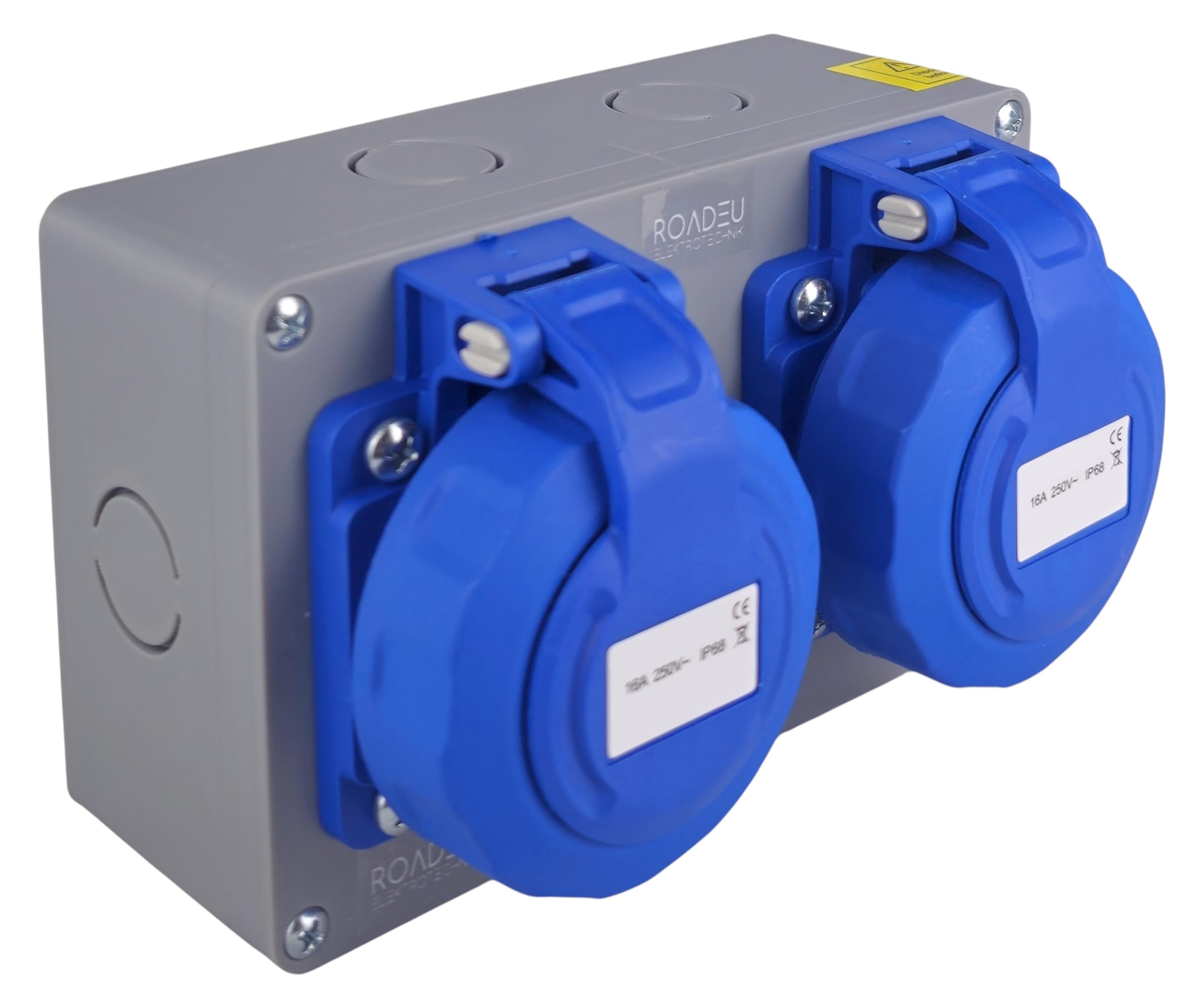 RoadEu – Doppelsteckdose 2x Schuko 230V 16A IP65 Wasserdicht | Baustromverteiler mit Schraubkappen | 2,5 mm² Verdrahtung & Außensteckdose