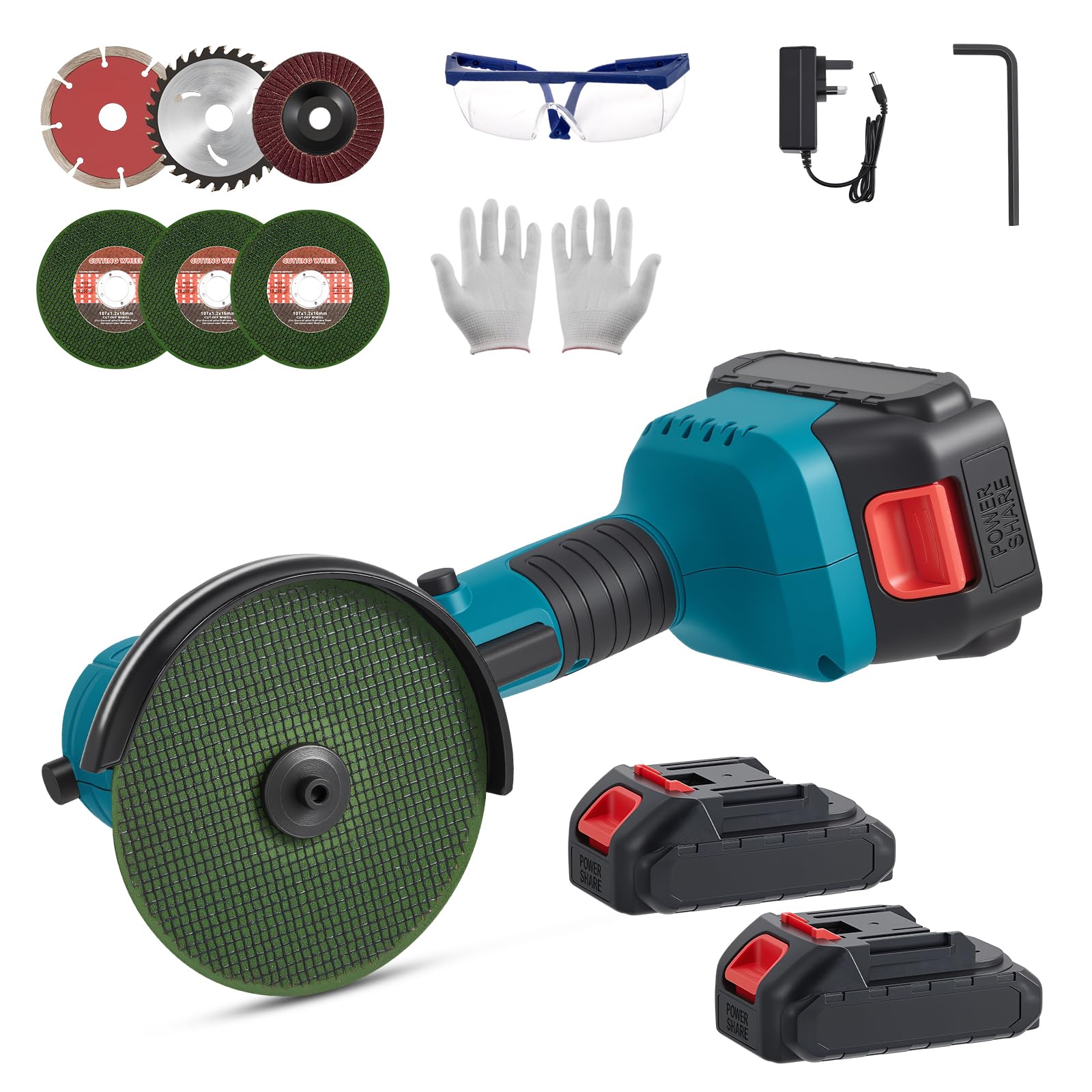 Cordless Angle Grinder 21V with 180° Head Angle Adjustable, Electric Mini Angle Grinder Tool 19500RPM Brushles Motor with 2X 2.0Ah Batteries & 6PCS 76mm Disc for Metal Cutting Grinding Sanding