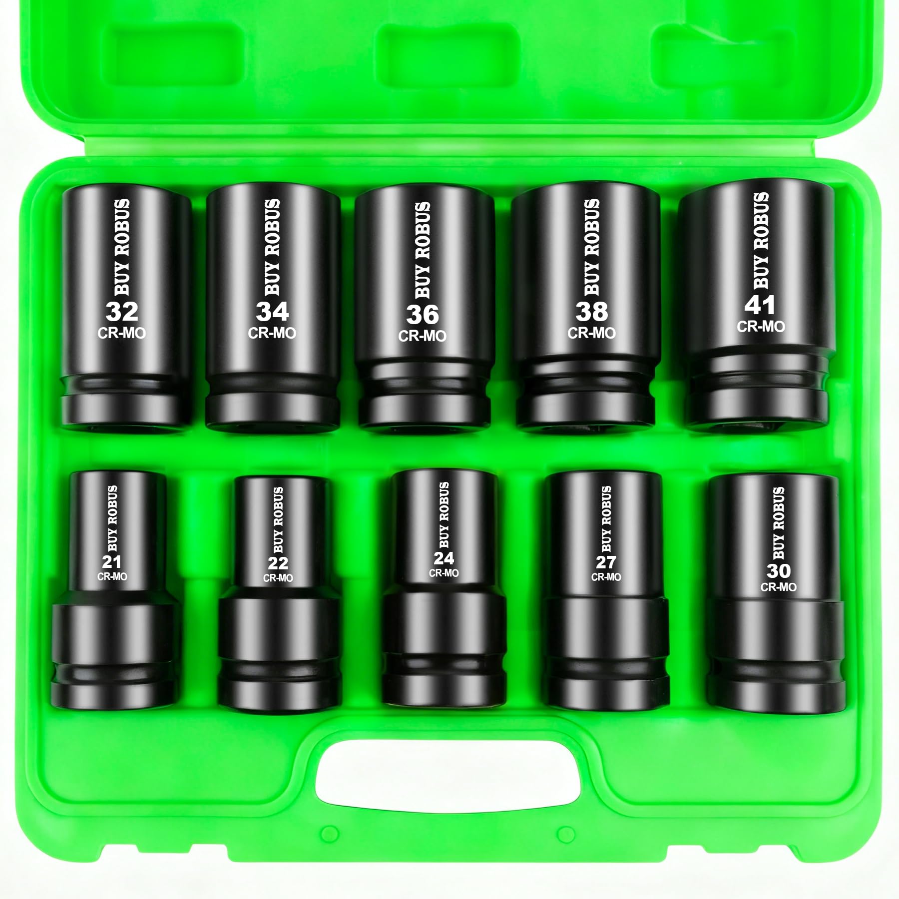 10PCS 1 In Drive Deep Impact Socket Set, Metric, CR-MO, 21,22,24,27,30,32,34,36,38,41mm, Deep Spindle Axle Nut Impact Socket Set