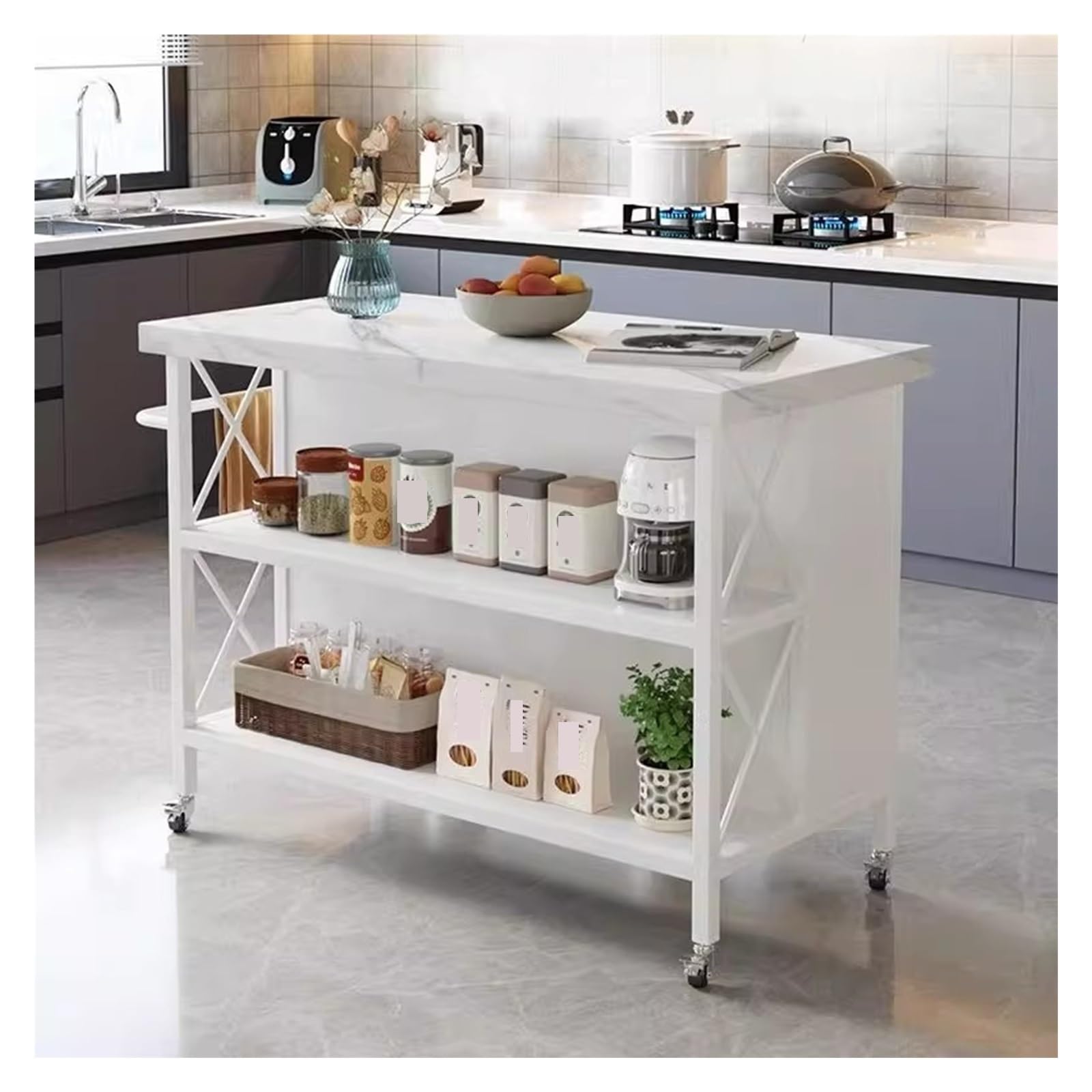 Carrello da cucina Carrello portaoggetti mobile in metallo con isola da cucina con piano in pietra e armadietto con cassetti(White,M)