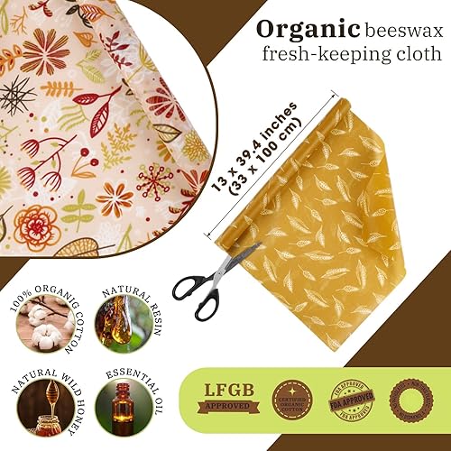 Miniatura 2 de Moukeren 3 rollos reutilizables de cera de abejas de 13 x 40 pulgadas, envolturas de cera de abejas para alimentos, envoltorios de papel de cera de