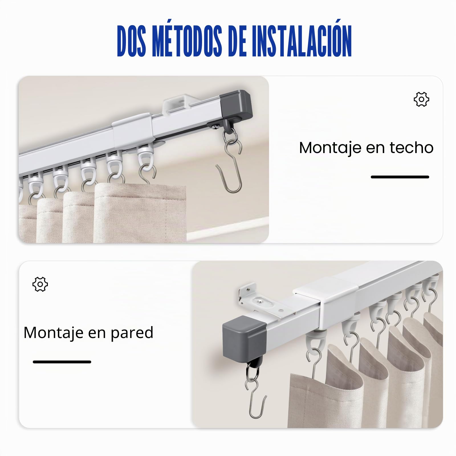 Riel de Cortina de Techo Aluminio 97-250 cm | Riel para Cortinas con Deslizadores y Ganchos | para Instalación en Techo y Pared | para Dormitorios, Salones, Oficinas y Baños