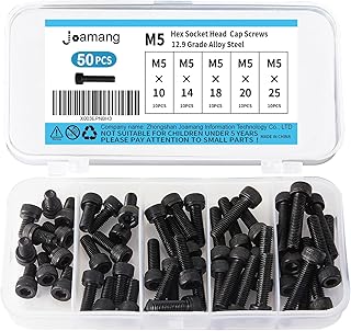 Joamang M5 x 10mm 14mm 18mm 20mm 25mm Hex Socket Head Cap Screws Bolts, 12.9 Grade Alloy Steel, Black Oxide Finish, Metric Allen Hex Drive, Fully Threaded, Assortment Kit 50Pcs