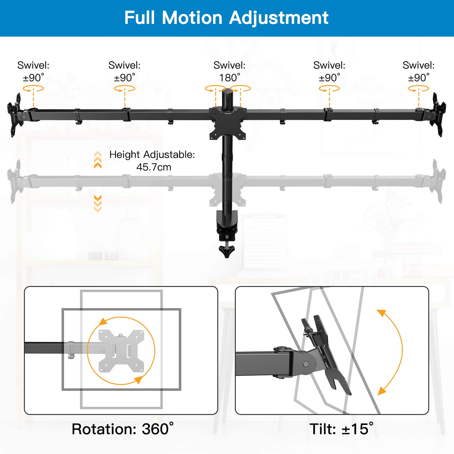 HUANUO Support 3 Ecran PC, Bras pour 3 Moniteurs de 13-24", Triple Ecran, 10KG Chaque, Facile à Installer, Réglable en Hauteur, 2 Options de Montage, VESA 75/100 mm