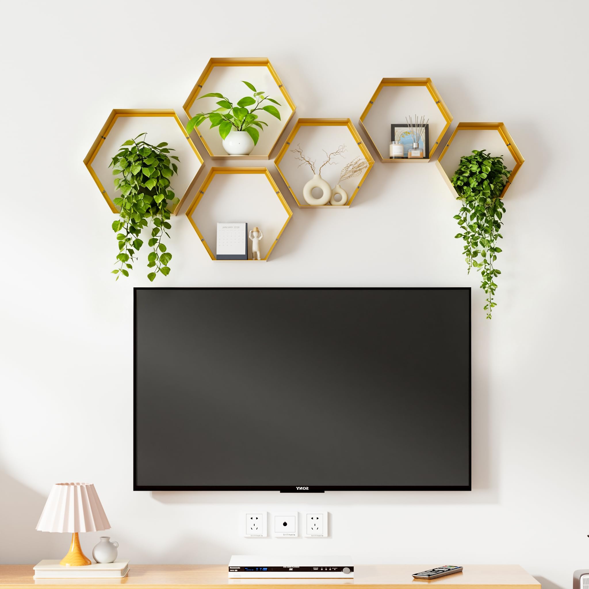 Gonice Sechseckige schwebende Regale, Metall-Wandhalterung, 6er-Set, Heimdekoration, Aufbewahrungsregale für Wohnzimmer, Schlafzimmer, Büro (Gold)