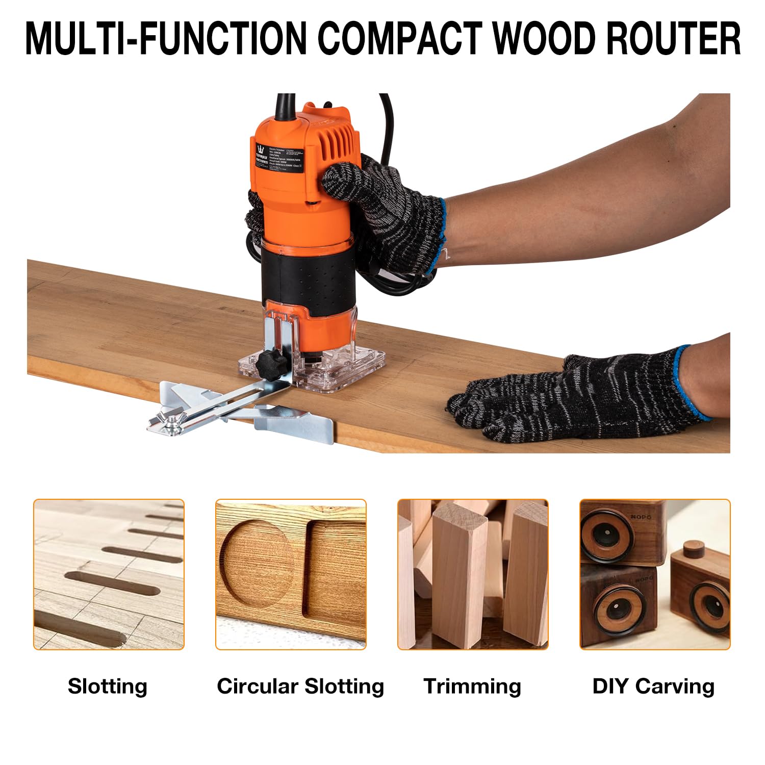 TOPWAY Fresadora Eléctrica de Mano para Madera 500W, Compacta con 2 Portabrocas de 1/4" y 6mm, Base Recortadora para Carpintería DIY (Económica) 100636