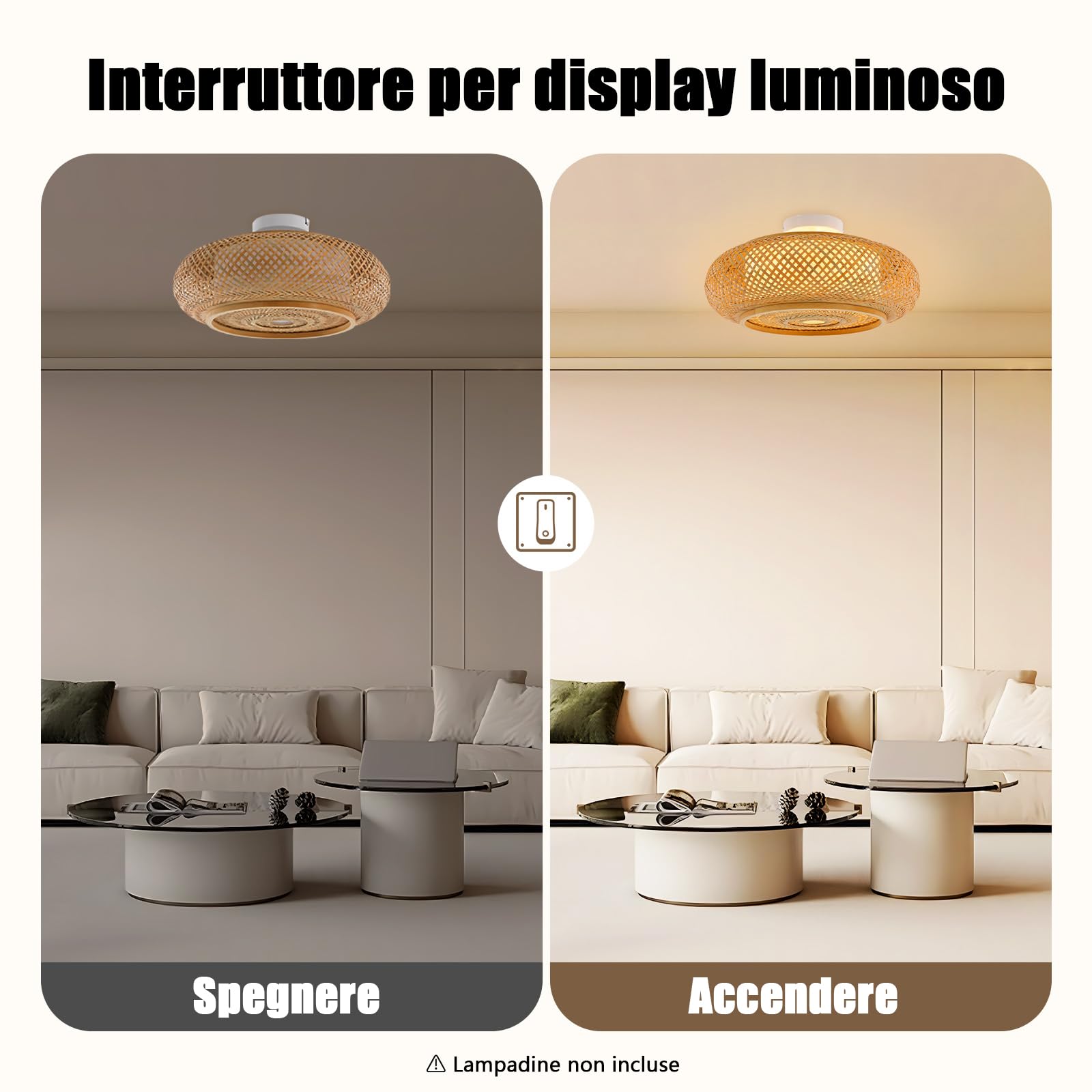 Lampada da soffitto in bambù, stile retrò, 3 luci, per corridoio, boho, tessuto a mano, in legno, 40 x 14 cm, lampada a sospensione in rattan per LED/lampadina/lampada fluorescente