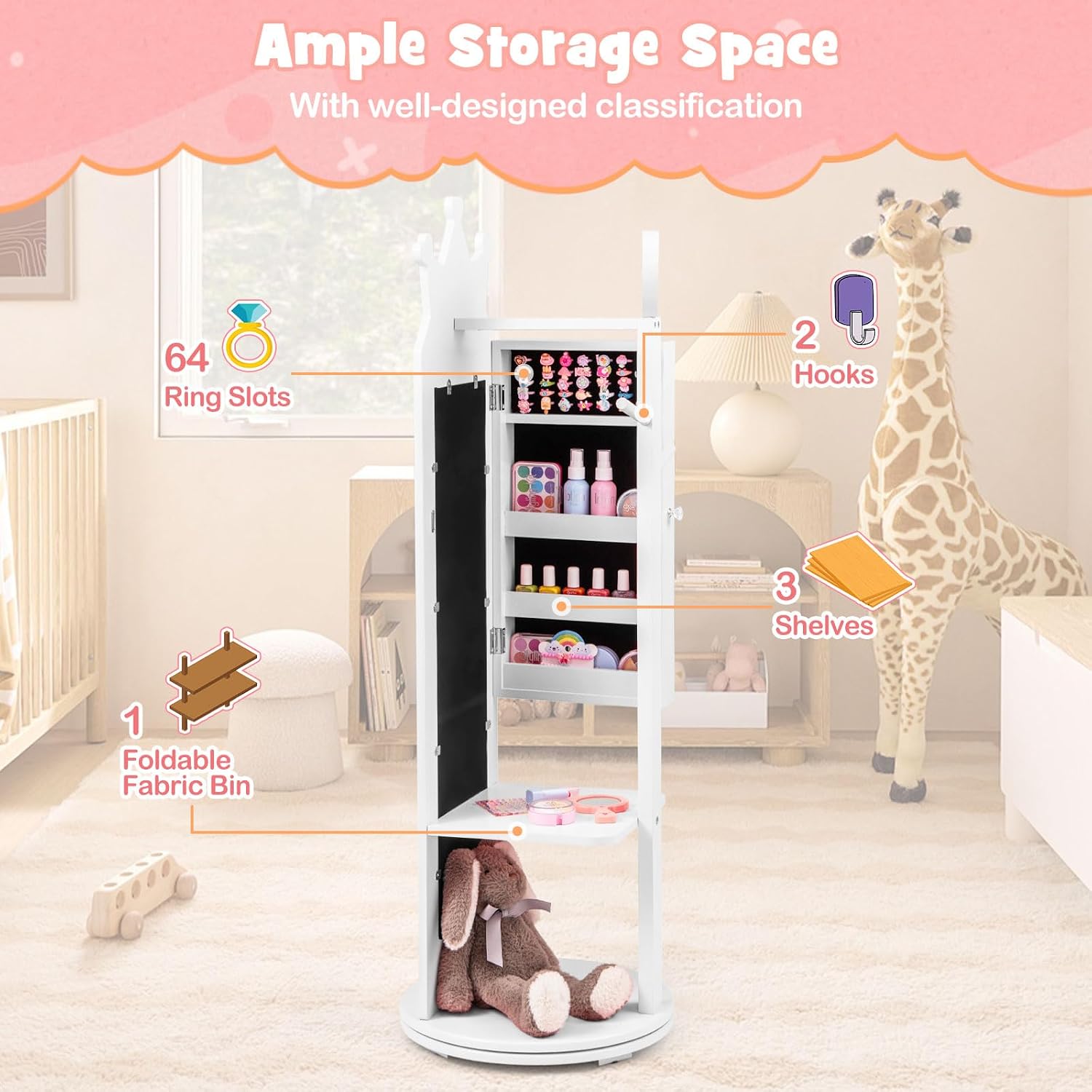 HONEY JOY Kids Jewelry Armoire Cabinet, 360 Degree Swivel Base Wooden Standing Jewelry Organizer w/Full-length Mirror and Clothes Rack, Children Dress Up Jewelry Cabinet for Little Girls (White)