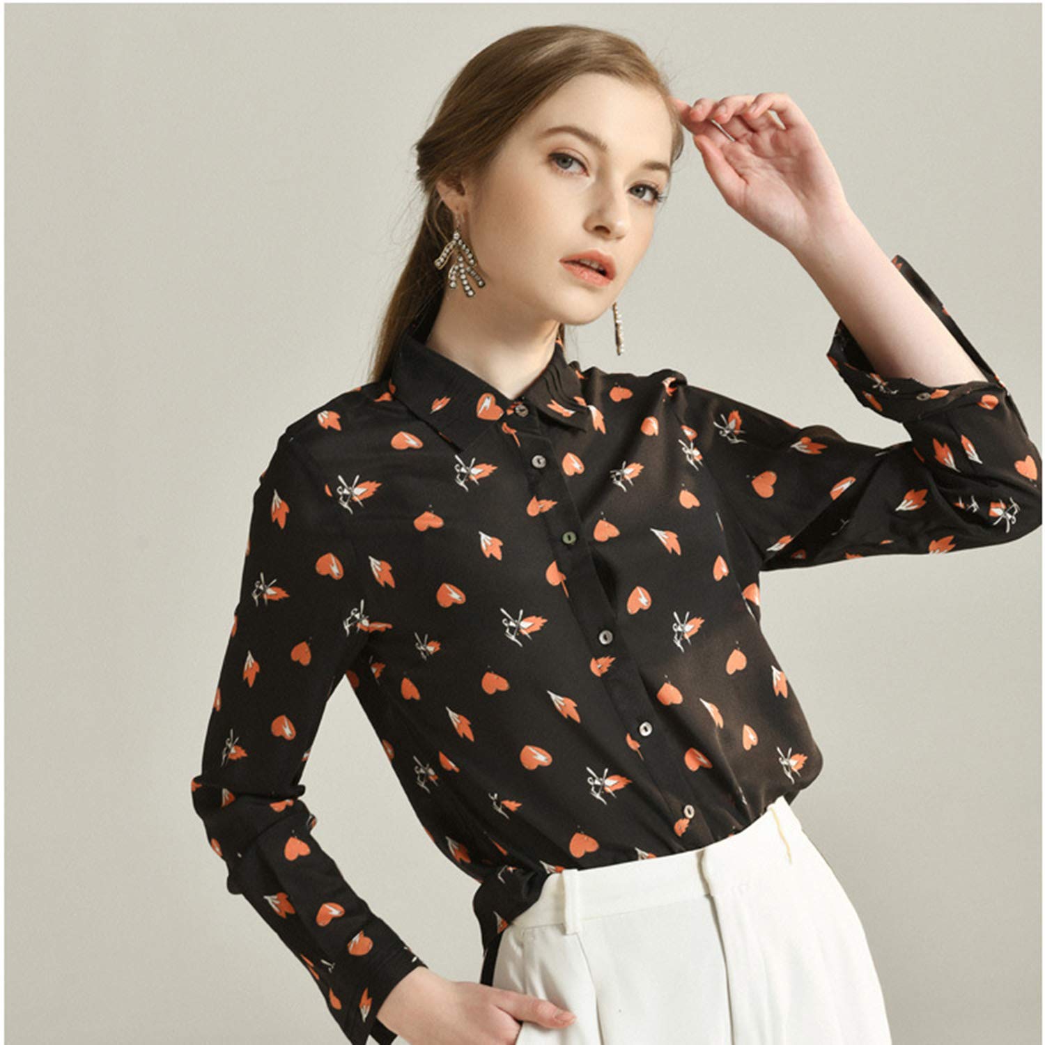 Camicia A Maniche Lunghe con Risvolto Stampato, Top Stampato A Forma di Cuore da Donna, Blusa in Seta Leggera
