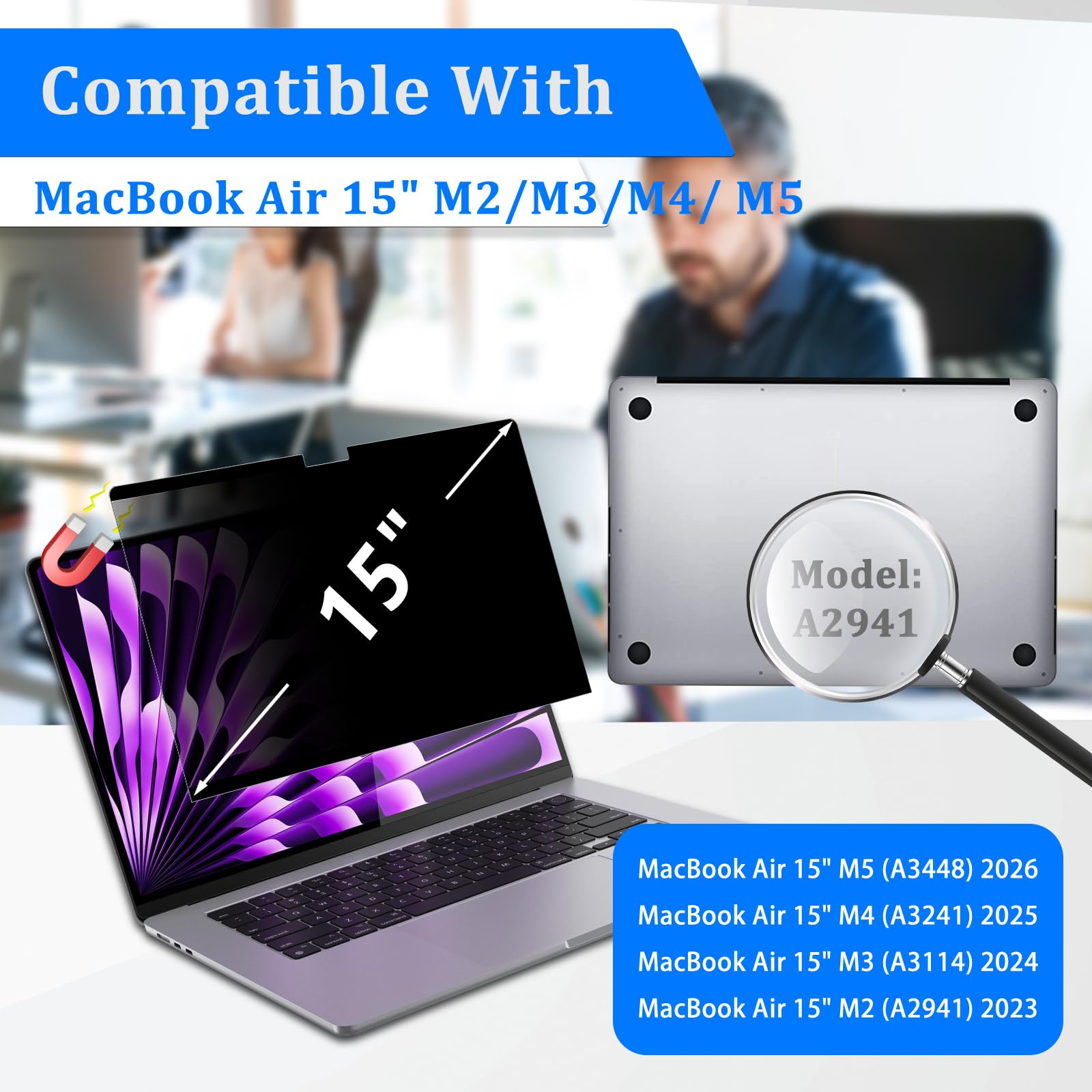 LanQii Magnetyczny filtr prywatności do MacBook Air 15" M2/M3 (2023/2024), filtr prywatności, filtr antyodblaskowy, ochrona danych, zdejmowana folia ochronna antyszpiegowska do MacBook Air 15 cali