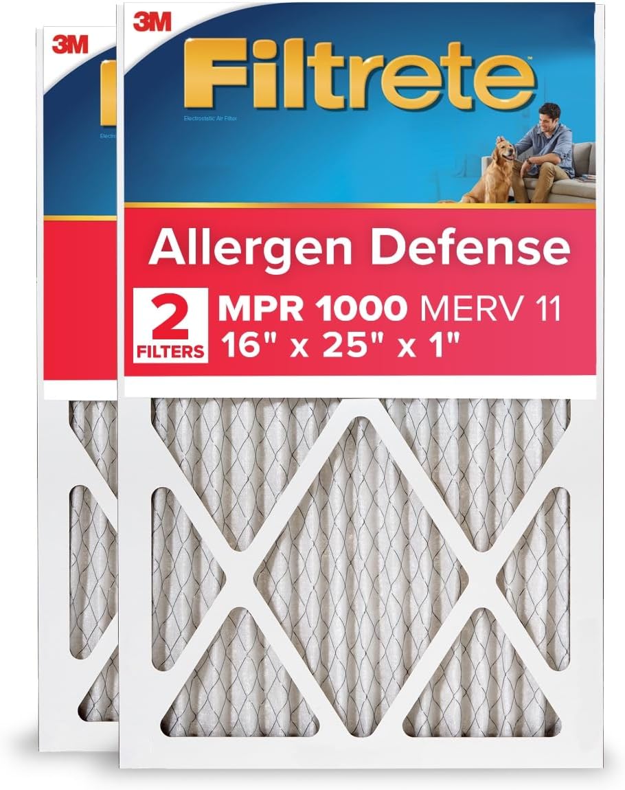 Filtrete 16x25x1 MERV 11 MPR 1000 Allergen Defense Furnace Air Filter, 2-Pack Pleated 1-Inch Filters for Cleaner Home Air